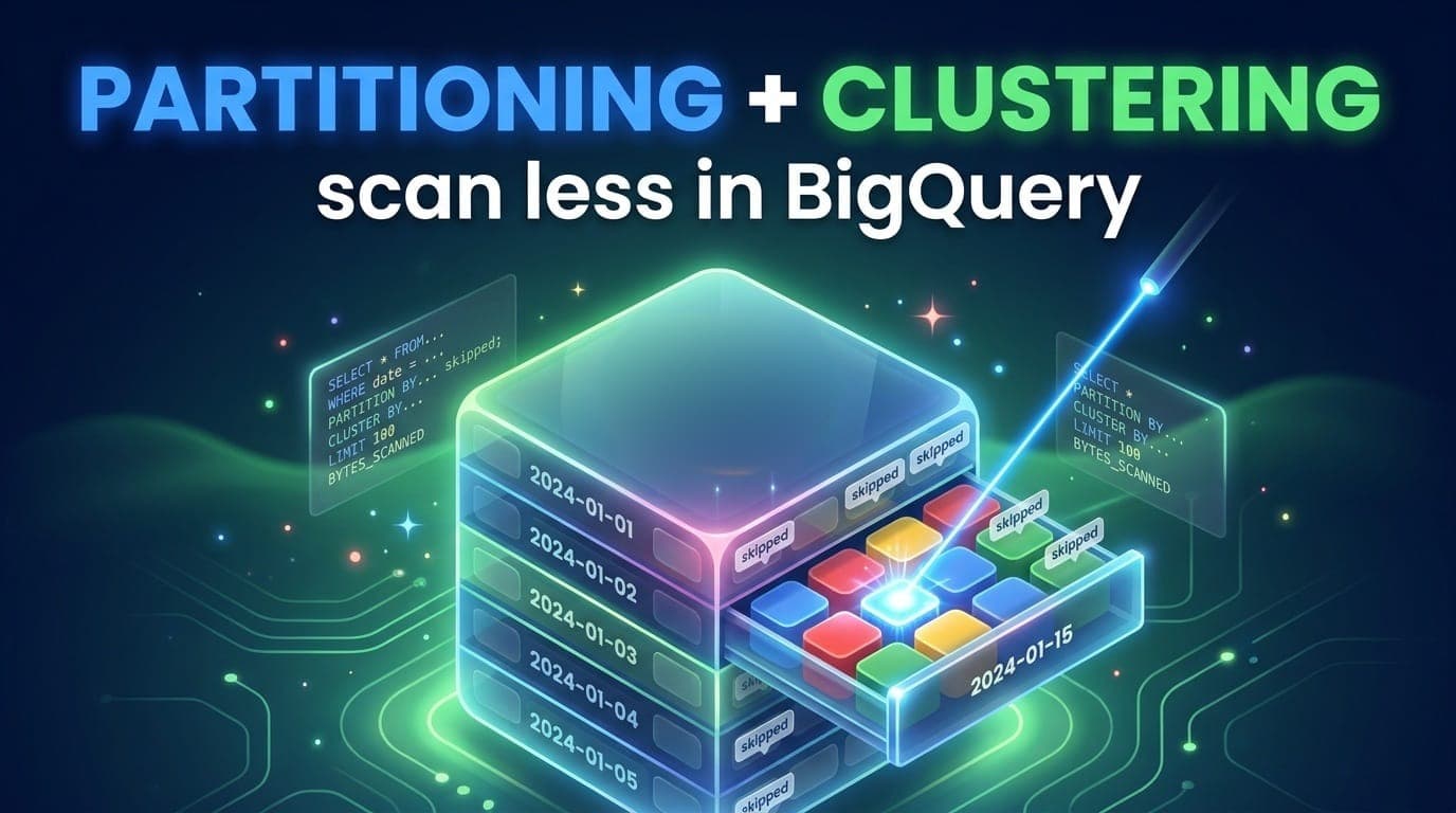 Banner reading Partitioning + clustering, a date partition drawer with one block hit and the rest skipped