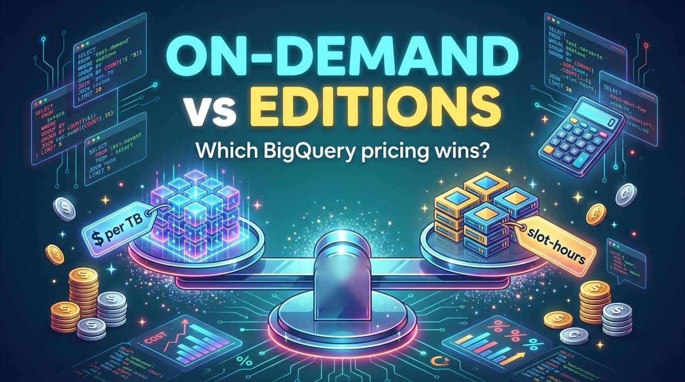 Banner reading On-demand vs Editions, a scale weighing per-TB pricing against slot-hours