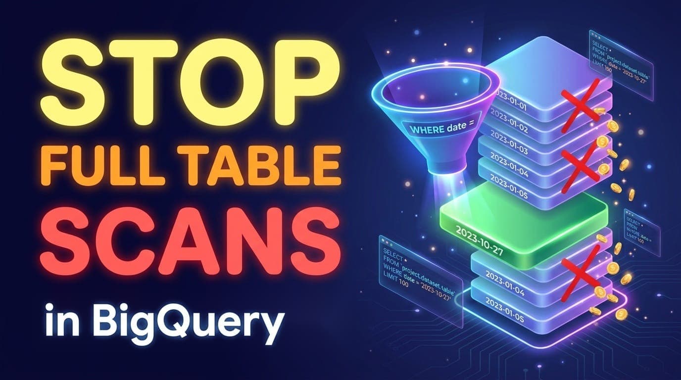 Banner reading Stop full table scans in BigQuery, with a WHERE date funnel lighting one partition