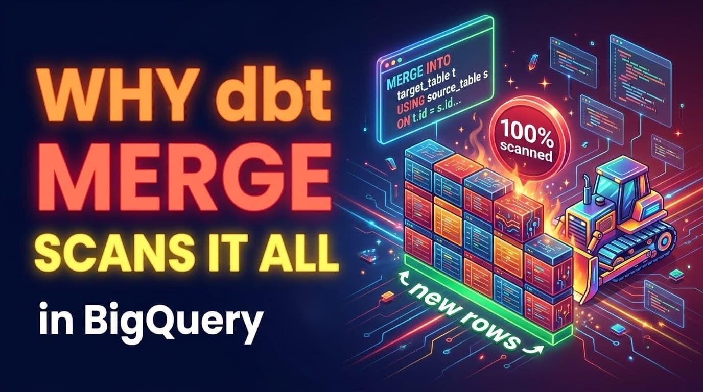 Banner reading Why dbt MERGE scans it all, a bulldozer pushing a whole table to add new rows