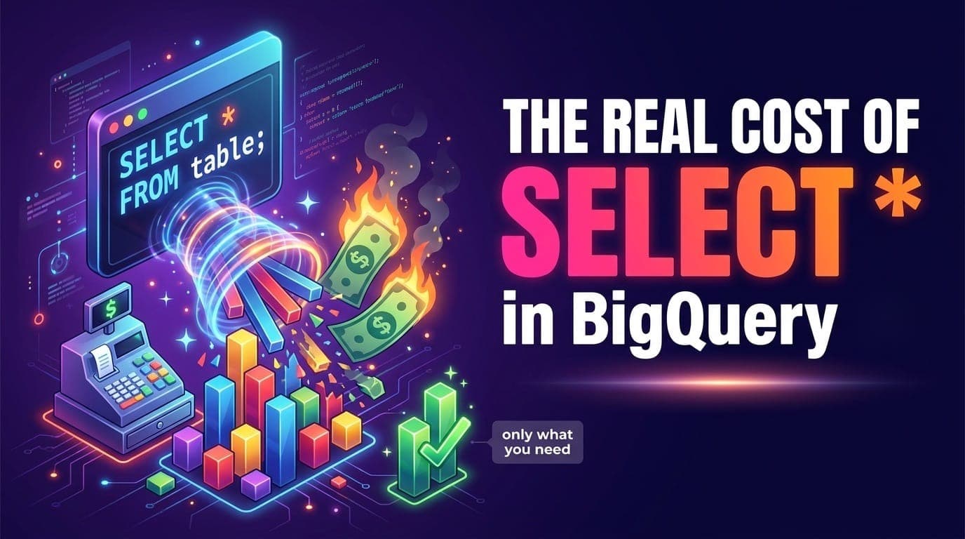 Banner reading The real cost of SELECT * in BigQuery, with burning cash and only two needed columns