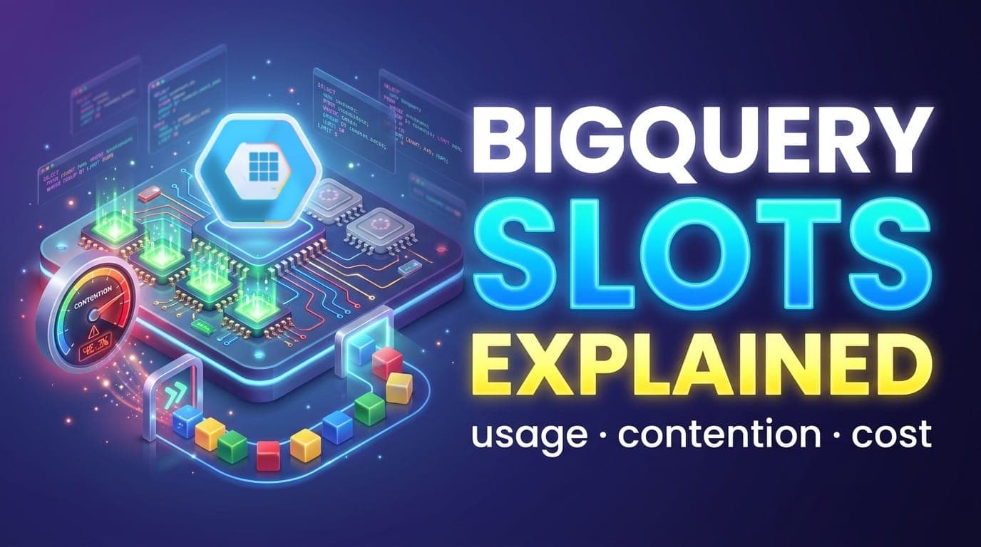 Banner reading BigQuery slots explained, a slot board with a contention gauge and a query queue
