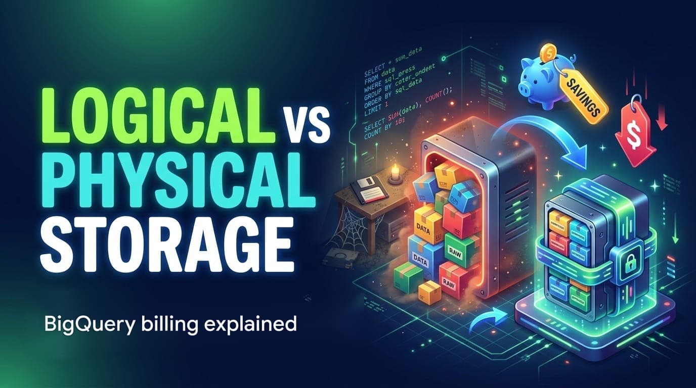 Banner reading Logical vs physical storage, a bloated drive next to a compressed one