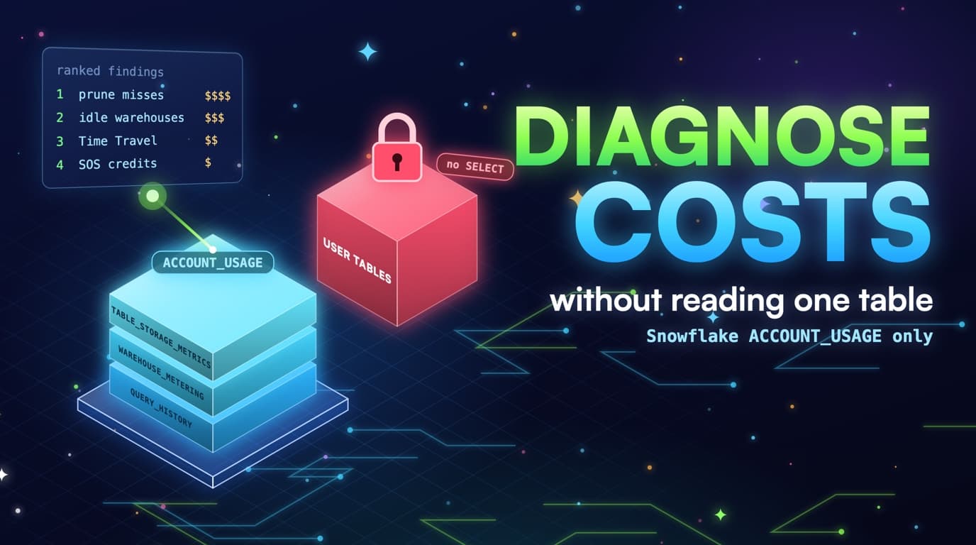 Snowflake ACCOUNT_USAGE catalog path into ranked cost findings