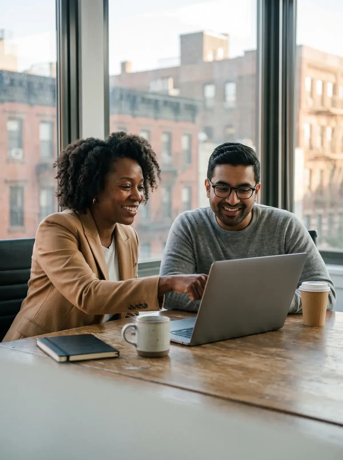 Two colleagues in a New York office smiling while they review a laptop together